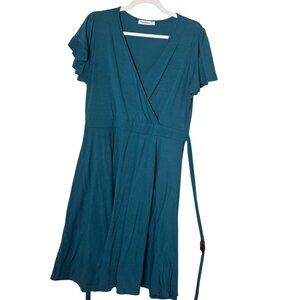 Nemidor Faux Wrap Swing Dress 14 Teal Flutter Sleeve V-Neck Tie Waist Midi